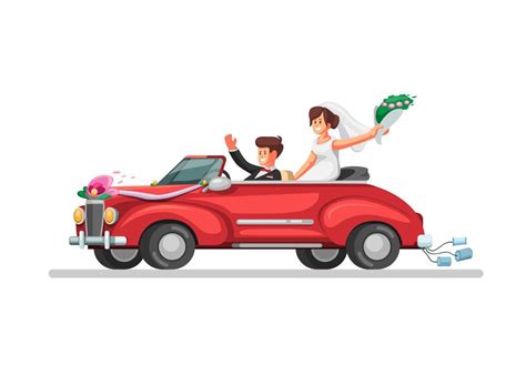 Bride On Retro Convertible Car Just Married Couple Wedding Car Symbol In Cartoon Illustration