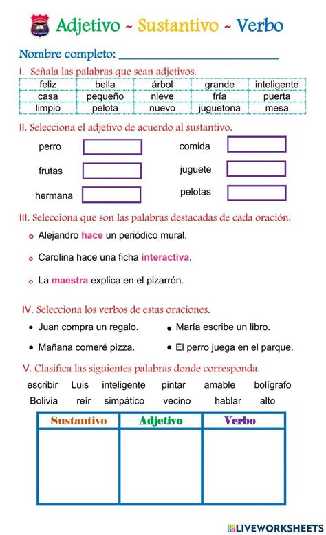 Adjetivo Sustantivo Y Verbo Interactive Worksheet Live Worksheets