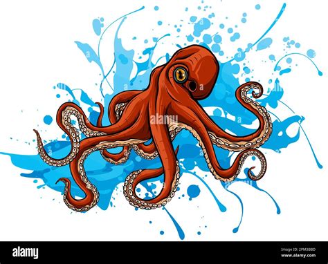 Red Octopus Cartoon Character With Wave Vector Illustration Design