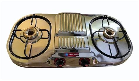 Silver Saksham Surya Stainless Steel Two Knob Gas Stove For Kitchen At