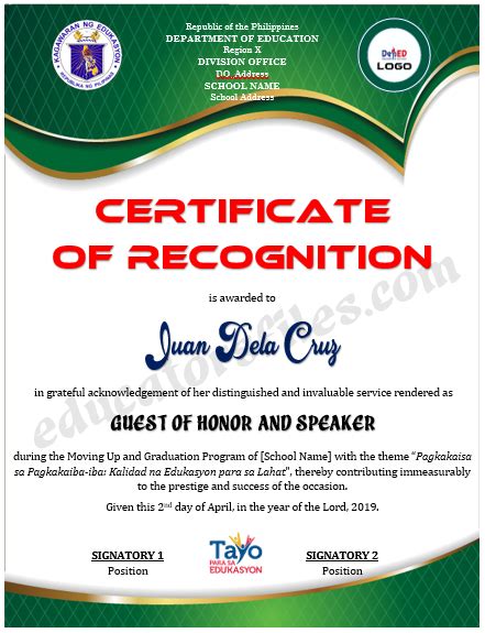 They are blank templates so that you can add your own text into. Certificate of Recognition for Guest of Honor & Speaker ...
