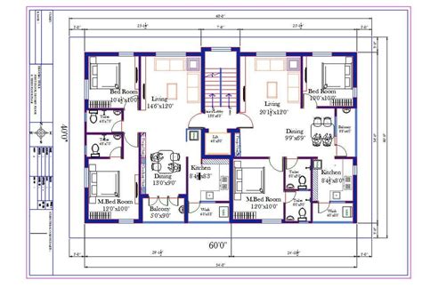 60x40 Ft Apartment 2 Bhk House Furniture Layout Plan Autocad Drawing