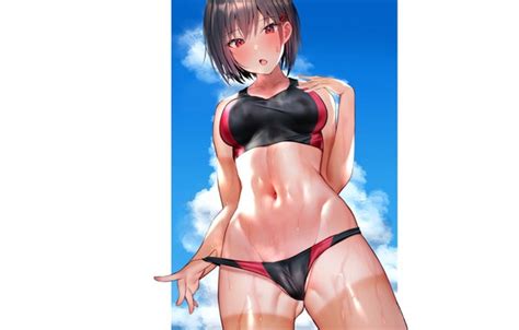 Wallpaper Dark Girl Sexy Pantsu Wet Anime Panties Boobs Short Hair Exercise Babe