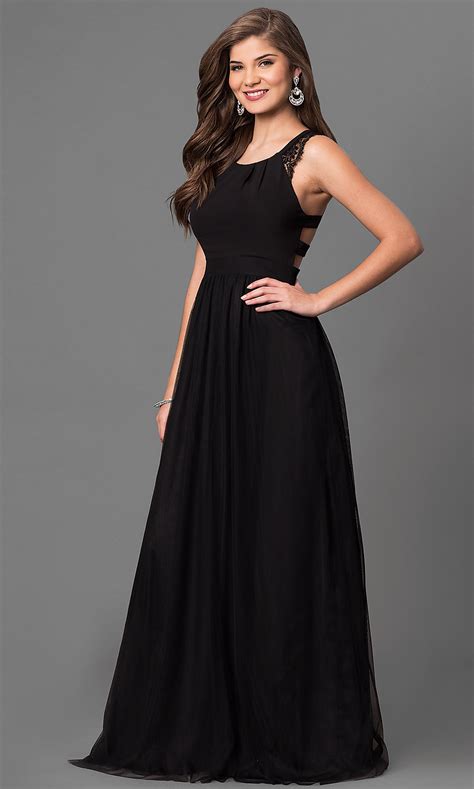 Long Cut-Out Black Prom Dress with Lace - PromGirl