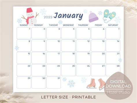 January 2023 Calendar Printable Monthly Calendar Kids Etsy