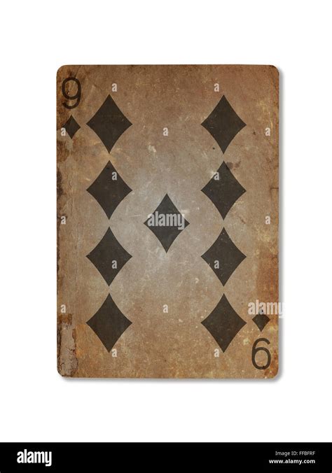 Very Old Playing Card Isolated On A White Background Nine Of Diamonds