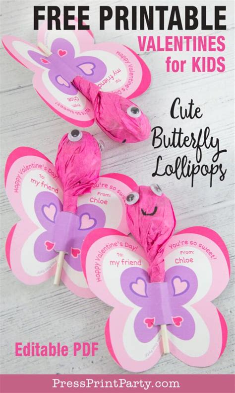 Free Butterfly Valentine Lollipop Printable Cards For Kids Press