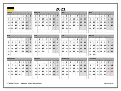 Dieser kalender 2021 entspricht der unten gezeigten grafik, also kalender mit kalenderwochen und feiertagen, enthält aber zusätzlich eine übersicht zum kalender, welcher feiertag in welchem bundesland gilt. Kalender 2021, Baden-Württemberg (Deutschland) - Michel Zbinden DE