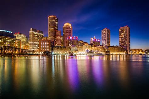 The Downtown Skyline At Night Seen From Fort Point In Boston M Stock