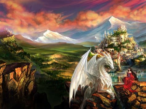 Download Wallpaper 1600x1200 Dragon Castle Princess Mountain