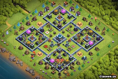 Clash Of Clans Town Hall 13 Base Design Blueandgreenlandscapepainting