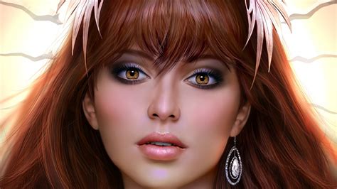 Wallpaper Face Leaves Digital Art Women Redhead