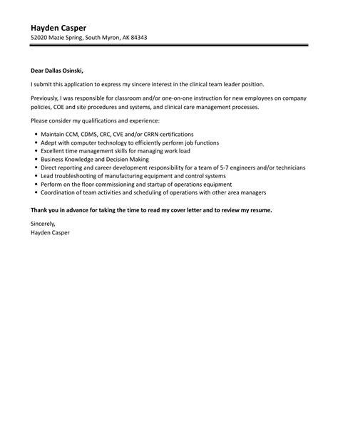 clinical team leader cover letter velvet jobs
