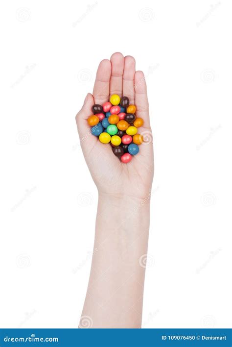 Female Hand Hold Round Color Chocolate Candies Stock Photo Image Of