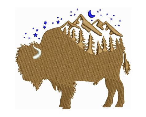 Buffalo Machine Embroidery Design With Night Sky Alps And Pine Tree