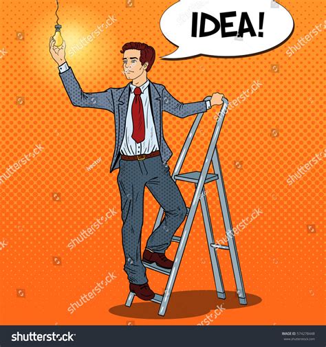 Pop Art Businessman Ladder Lightbulb Vector Stock Vector Royalty Free 574278448