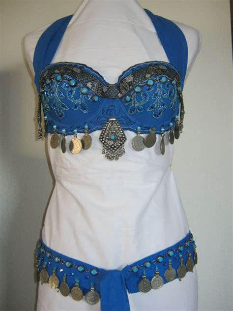 blue beaded tribal bellydance bra and belt set by olah california belly dance costumes dance