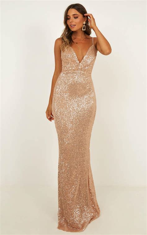 Indulge Me Maxi Dress In Rose Gold Sequin Sparkle Dress Long Gold