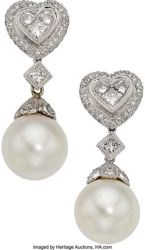 South Sea Cultured Pearl Diamond White Gold Earrings Estate