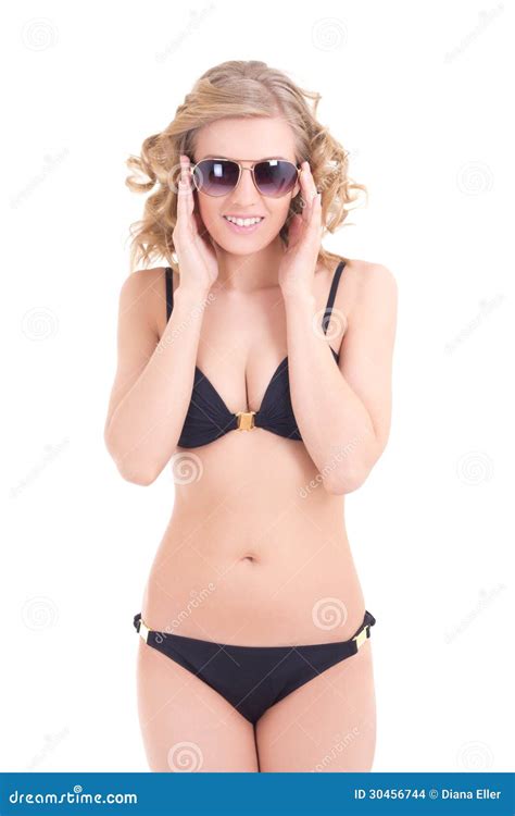 Schöne Gelockte Blondine Im Schwarzen Badeanzug Und In Der Sonnenbrille Stockfoto Bild Von
