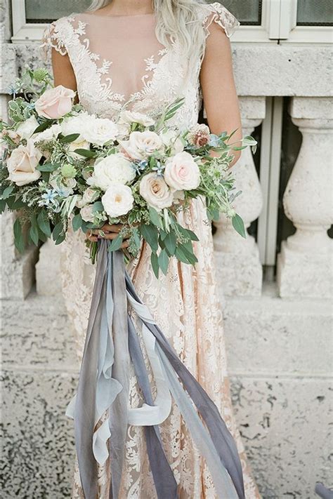 Neutral Wedding Bouquet With Grey Ribbons Emmalovesweddings