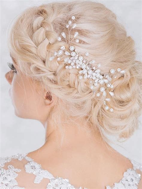 Venusvi Silver Wedding Hair Combs With Beadflower And