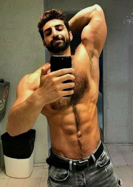 Shirtless Male Hairy Body Chest Beard Muscular Gym Hunk Show Off Photo
