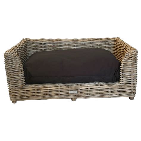 Raised Rectangular Grey Wicker Dog Basket With Cushion In 2 Sizes
