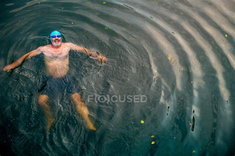 Man Wild Swimming In River Overhead View River Wey Surrey Uk
