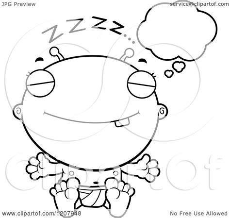 Cartoon Of A Black And White Dreaming Alien Infant Baby Royalty Free