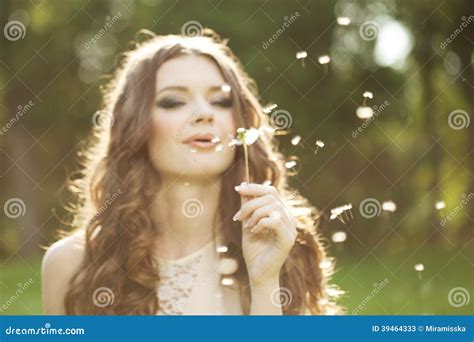 Beautiful Woman Blowing A Dandelion Stock Image Image Of Girl Dandelion 39464333