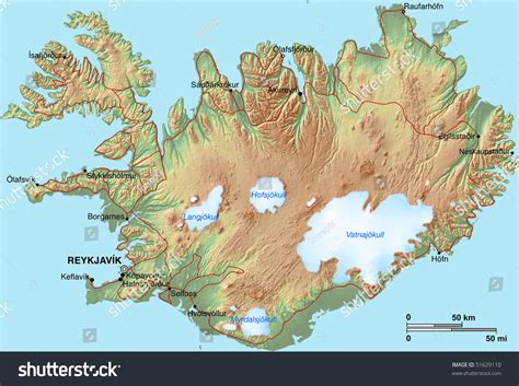 Topographic Map Iceland Shaded Relief Hypsometric Stock Illustration