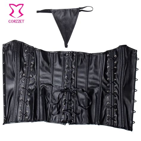 Steampunk Black Faux Leather Overbust Corset Top With G String Women Punk Sexy Body Shaper