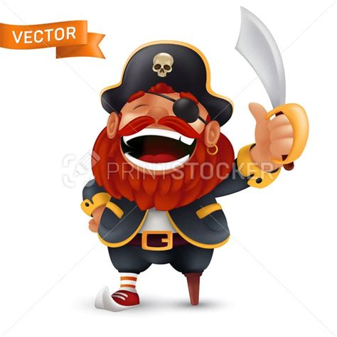 Funny Laughing Red Bearded Pirate Character With Saber Or Sword In A