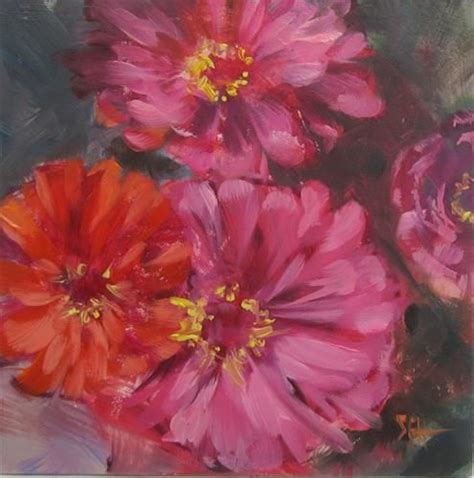 An Oil Painting Of Pink And Red Flowers