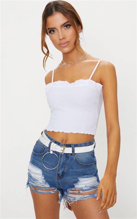 white rib frill detail cami crop top tops prettylittlething usa