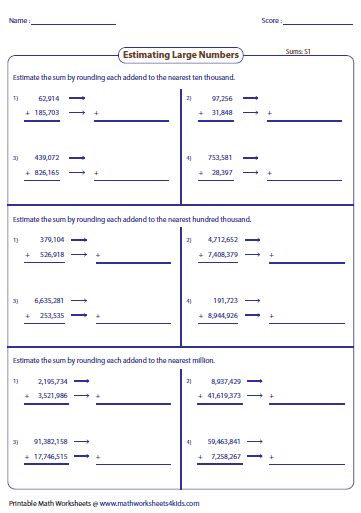 Estimate Sums And Differences Worksheet