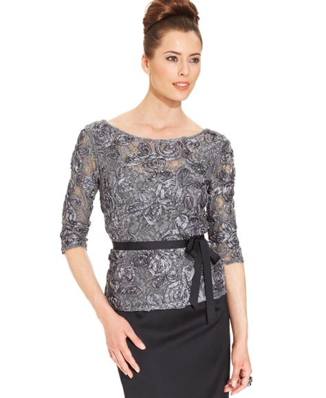 Alex Evenings Three Quarter Sleeve Sequined Lace Top Lace Top Full