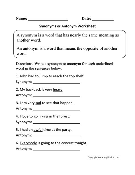 Antonym Worksheet 6th Grade