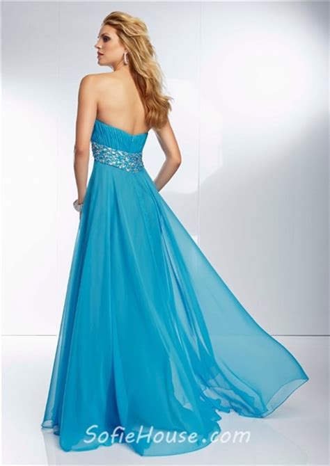 Sweetheart Empire Waist Flowing Long Turquoise Blue Chiffon Beaded Prom Dress