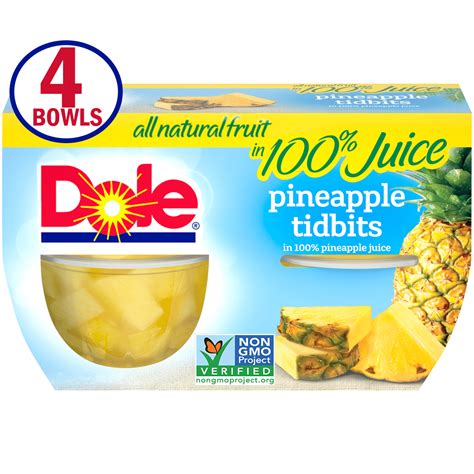 4 Cups Dole Pineapple Tidbits In 100 Fruit Juice 4oz Fruit Bowls