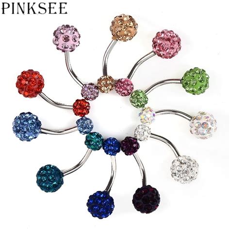 Pinksee Mixed Colors Crystal Rhinetones Belly Button Rings For Women Sexy 10mm Double Ball Belly