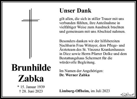 Traueranzeigen Von Brunhilde Zabka Vrm Trauer De