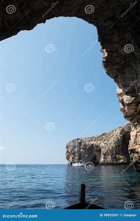 View From Inside The Blue Grotto Sea Cave Malta Stock Image Image Of