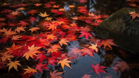 River Full Of Dried Red Maple Leaves Background Autumn Leaves Bright