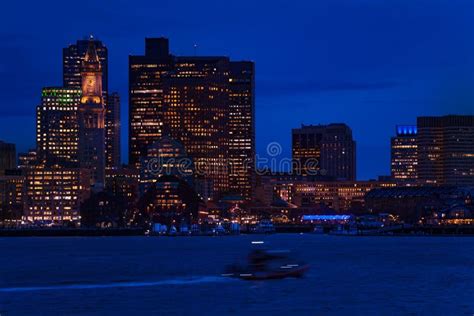Boat Passing Over Boston Ma Downtown Panorama Stock Photo Image Of