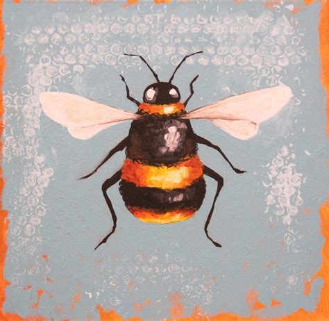 Original Acrylic Canvas Whimsical Bee 1 Painting Blue Background 12 X