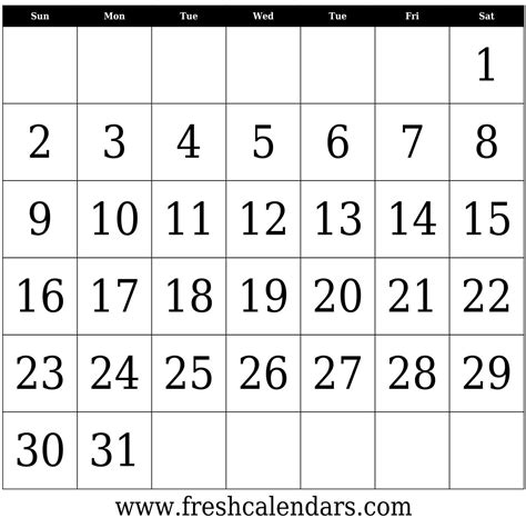 Calendar Template 31 Days Calendar Template Printable Calendar