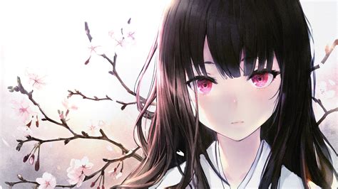 Download 3840x2160 Anime Girl Black Hair Pink Eyes Kimono Cherry Blossom Wallpapers For Uhd