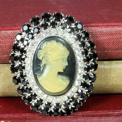 Vintage Black Rhinestone Cameo Brooch By Goodwillvintage On Etsy